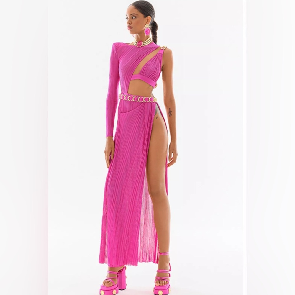 Raisa Vanessa Knit Halter Neck Cut Out Pink Maxi Dress With Gold Buckles XS/S